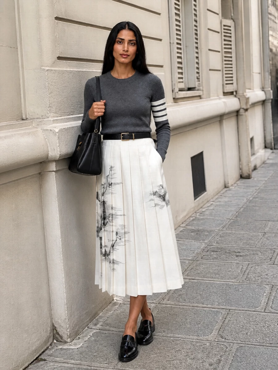 Ivory botanical midi skirt charcoal sweater outfit