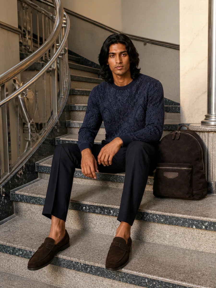 Etro paisley sweater navy trousers loafers