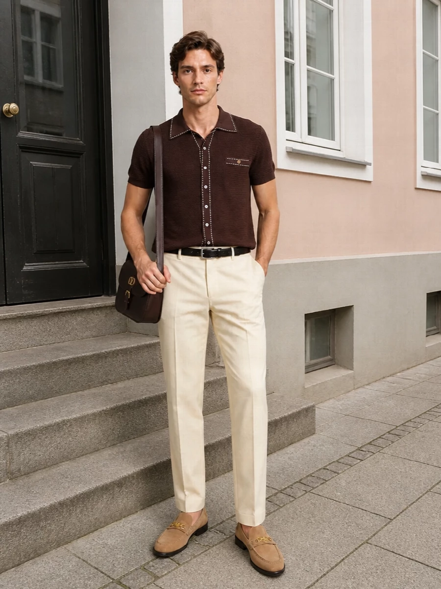 A chocolate knit polo sits against buttercream tailoring for a warm, sunlit take on smart casual. Tan suede loafers keep the mood relaxed but precise, while a structured dark brown shoulder bag adds quiet depth. The clean belt detail simply sharpens the waist, letting the palette and texture do the talking.