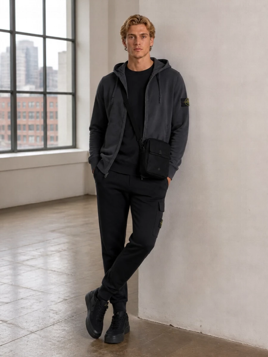 Stone island charcoal hoodie black joggers outfit