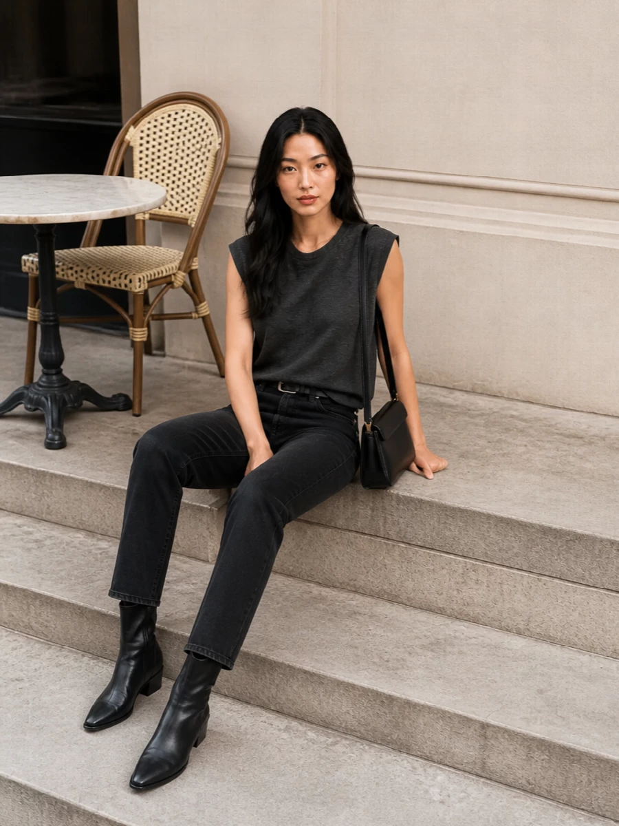 Faded black denim and a charcoal sleeveless knit create a streamlined, tonal base that feels calm and precise. Pointed black Chelsea boots and a structured leather shoulder bag sharpen the line just enough. A slim black belt finishes the waist cleanly so the whole outfit reads intentional but still easy to live in.