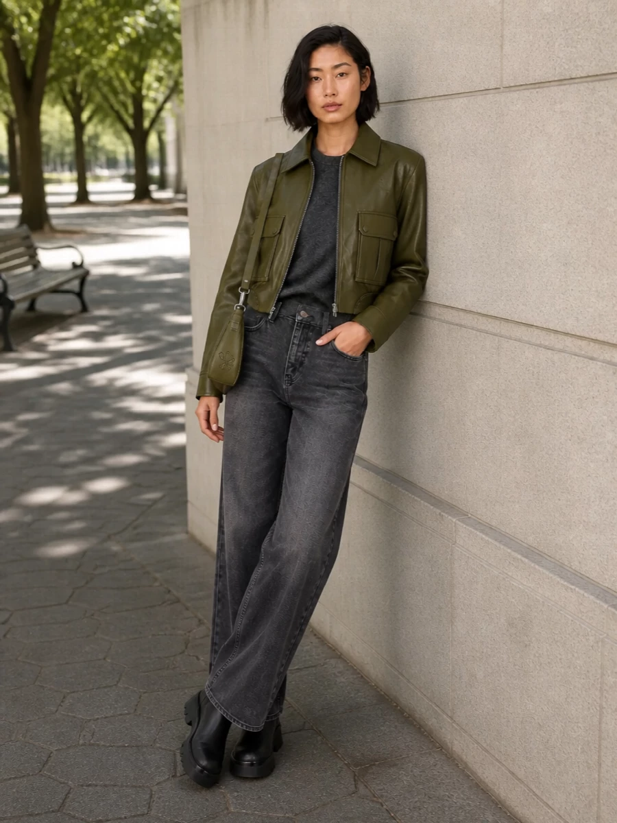 Frankie shop leather jacket wide leg jeans outfit