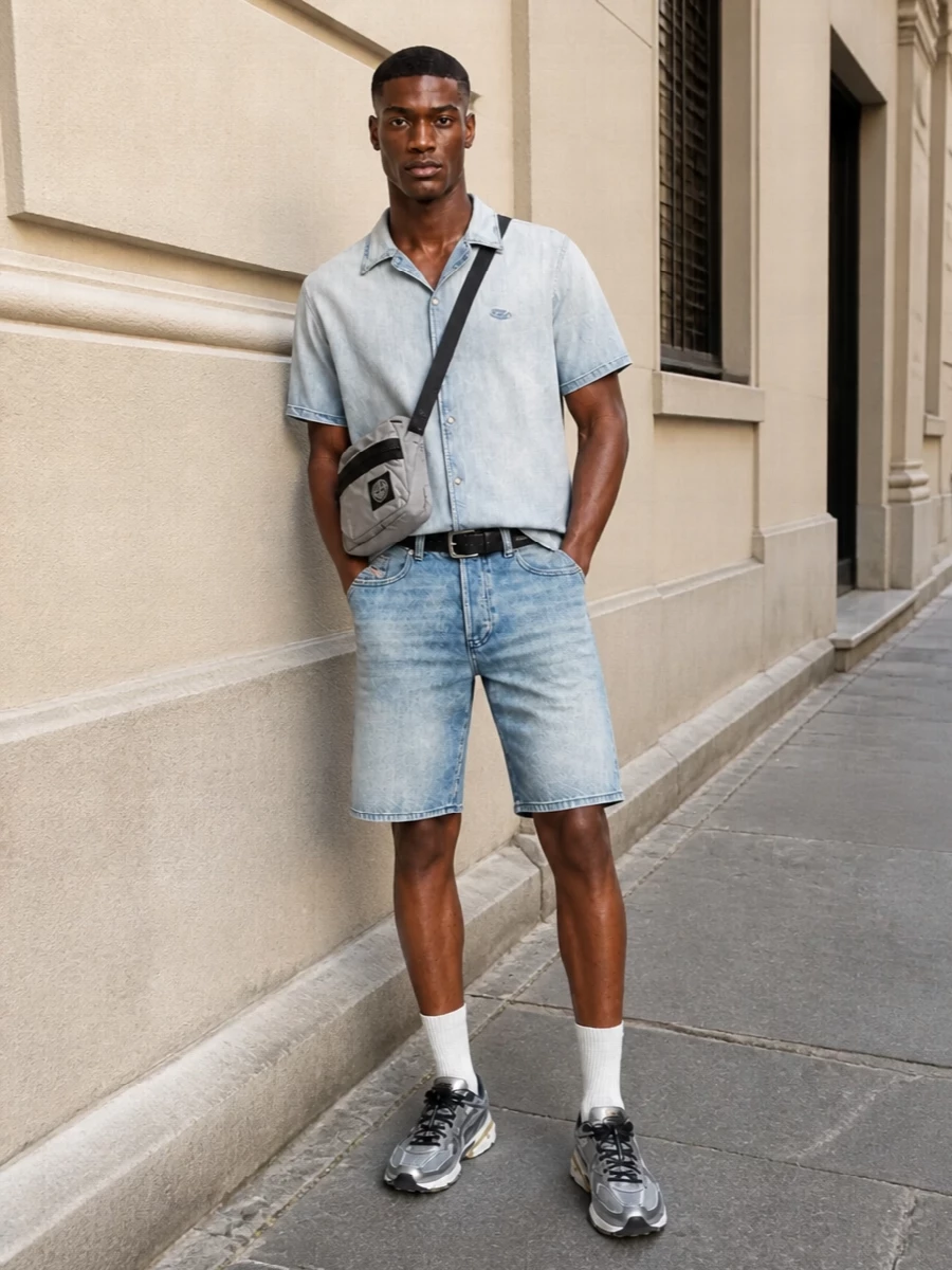Light-wash denim on top and knee-length shorts give a clean, sun-faded base that feels nostalgic without trying too hard. Charcoal runners and a grey crossbody cool the palette, keeping the blues from feeling matchy. A simple black belt finishes it with a subtle Diesel hit rather than loud branding.
