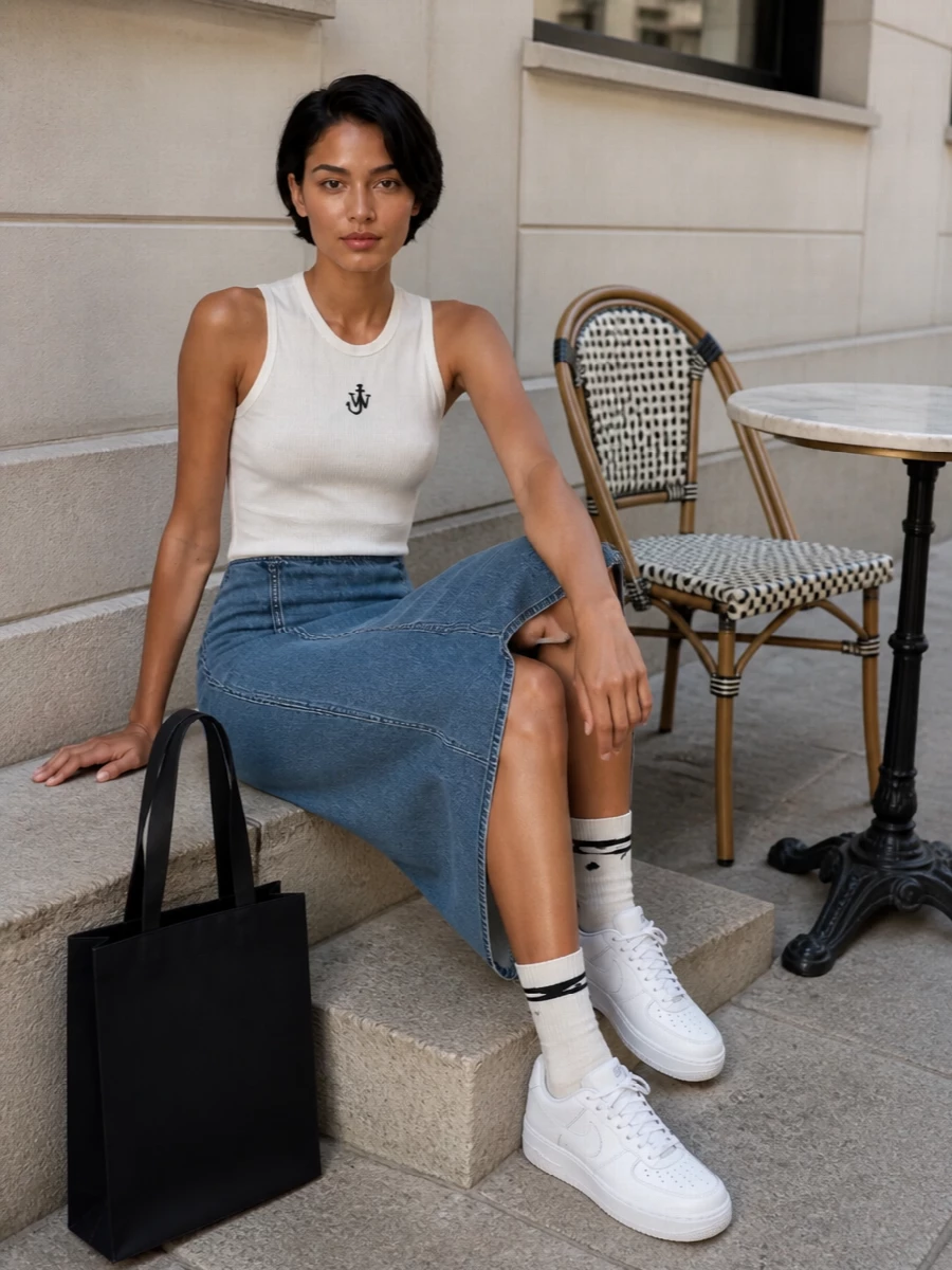 A slim white logo tank meets an asymmetric mid-wash denim midi for a clean, sport-inflected take on city dressing. Crisp white sneakers and a tall black logo tote keep the palette graphic and minimal, with striped crew socks adding a small, deliberate hit of attitude. It is easy, modern and ready for everything from coffee runs to low-key gallery afternoons.