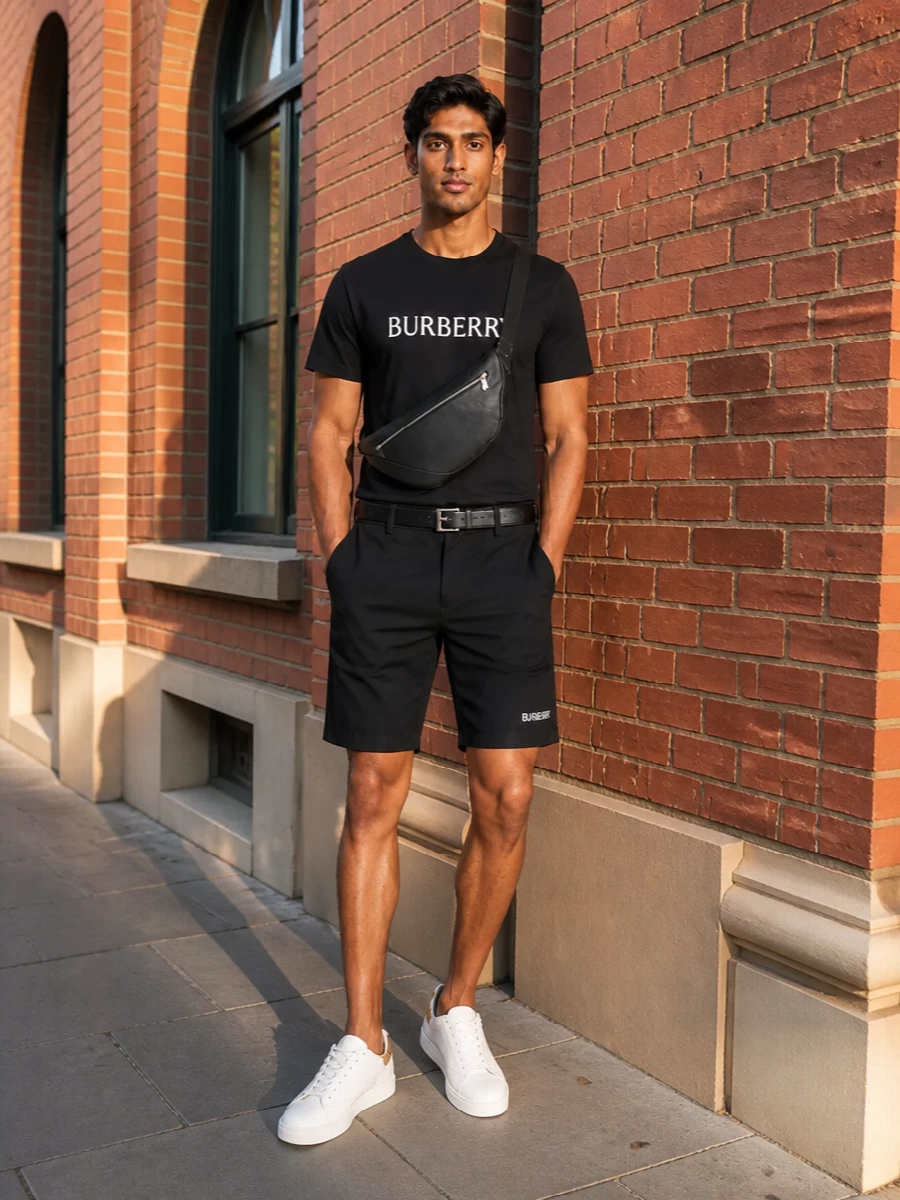 A black Burberry logo tee and matching chino shorts create a sharp, monochrome base that reads relaxed yet considered. Clean white sneakers lighten the palette just enough, keeping everything crisp. A slim black leather crossbody and discreet belt finish it with quiet structure for city days and low-key evenings alike.
