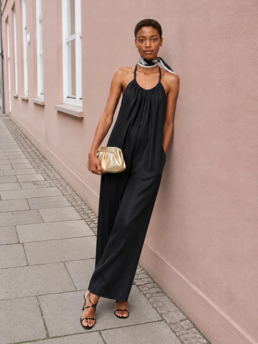 Alysi black halter jumpsuit strappy heels