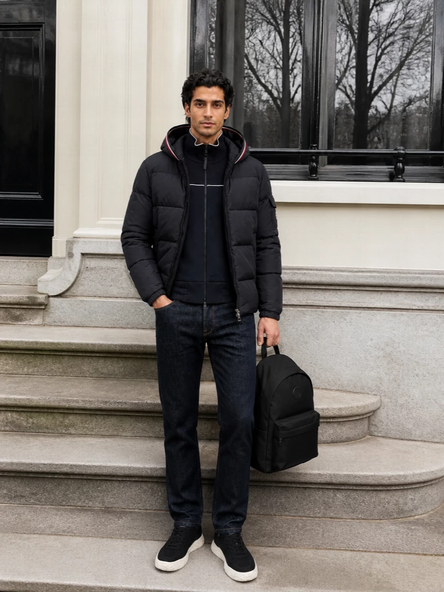 Moncler navy puffer dark denim sneakers outfit