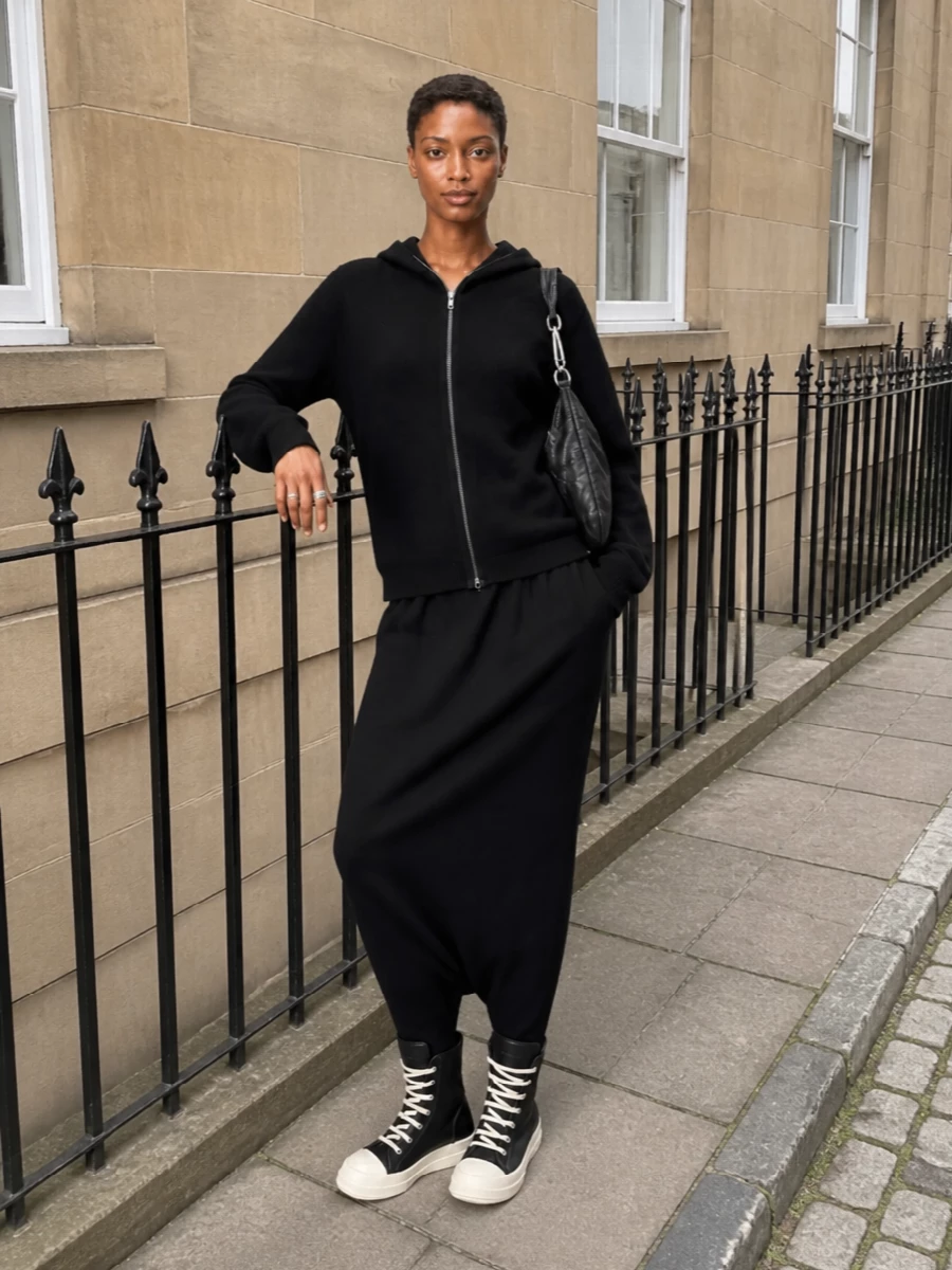 Rick owens black hoodie tapered pants outfit