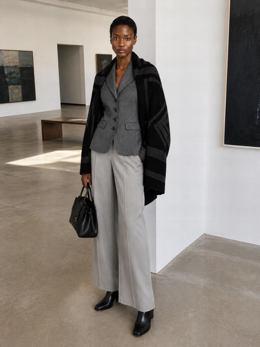 Prada wide leg trousers black ankle boots outfit