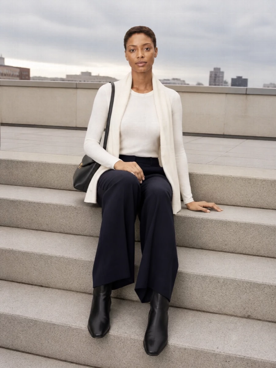 The row white tee navy wide leg trousers