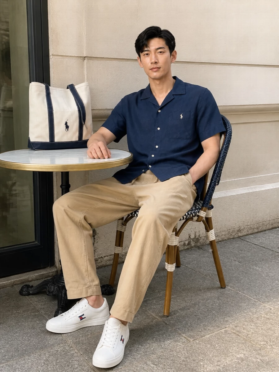 Polo ralph lauren navy shirt beige trousers outfit