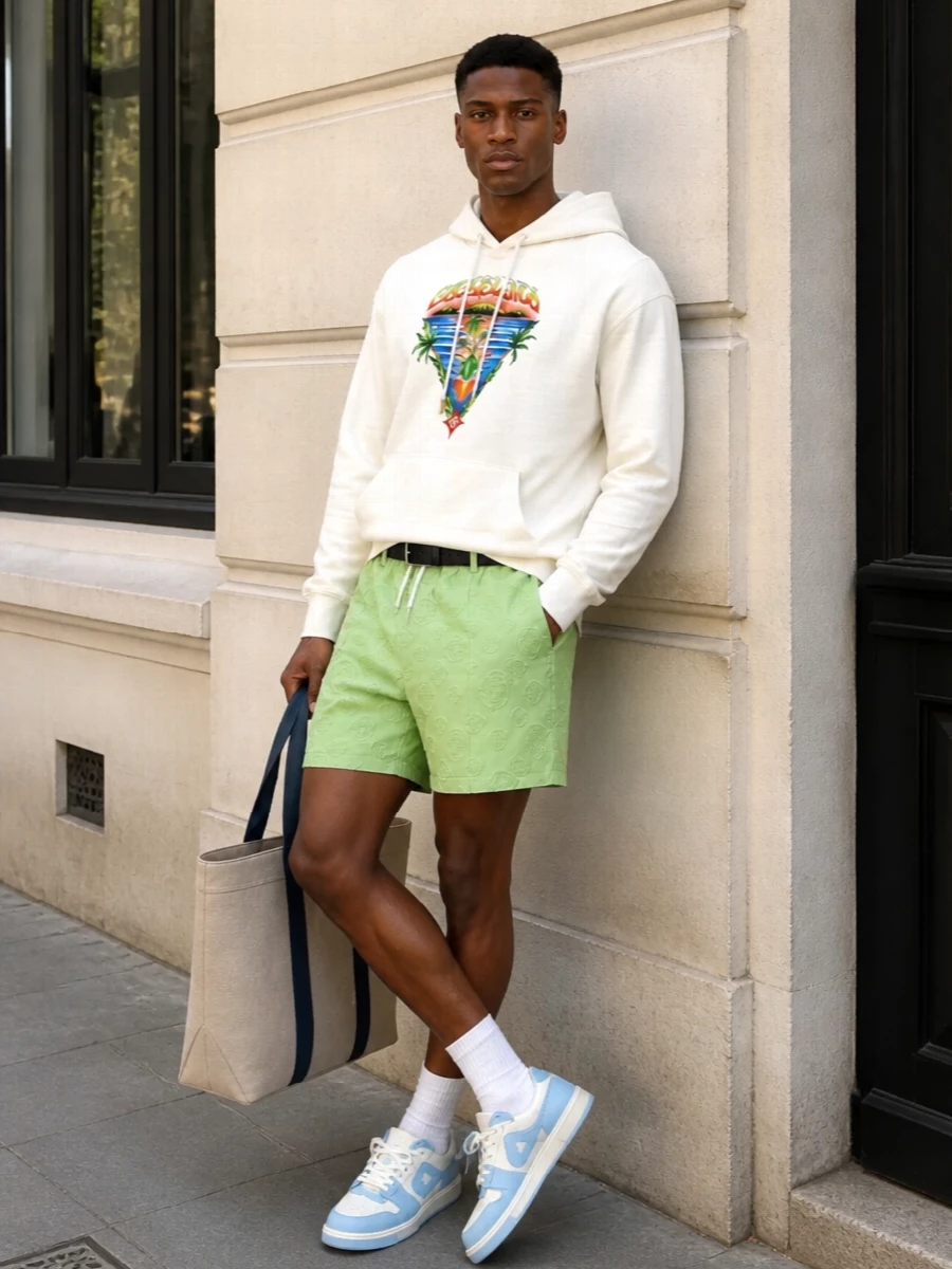 Casablanca ivory hoodie mint shorts outfit
