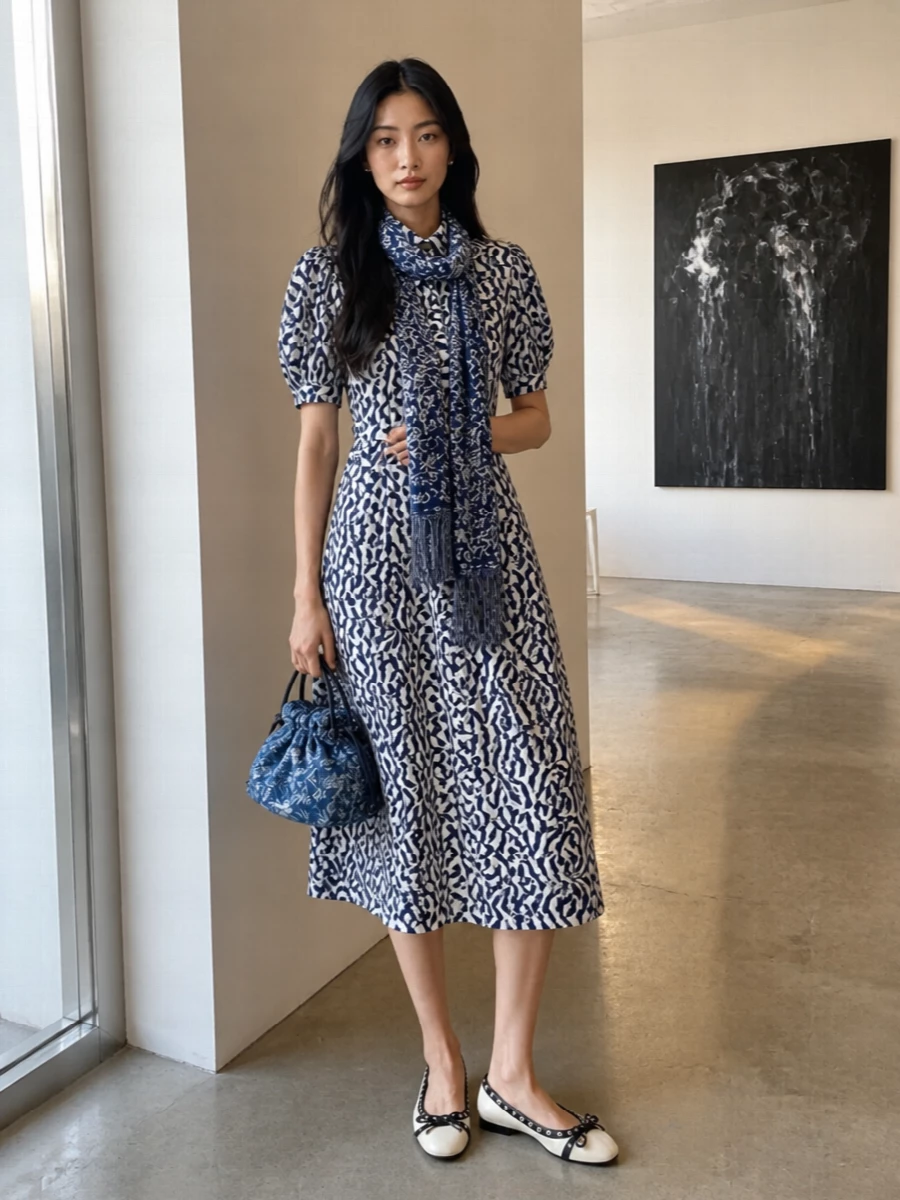 Clean navy and white florals stay in focus, anchored by glossy cream-and-black ballerinas that feel polished without being fussy. An indigo floral bucket and slim pearl studs echo the print in softer textures, keeping the mood romantic, preppy and city ready from coffee runs to casual dinners.