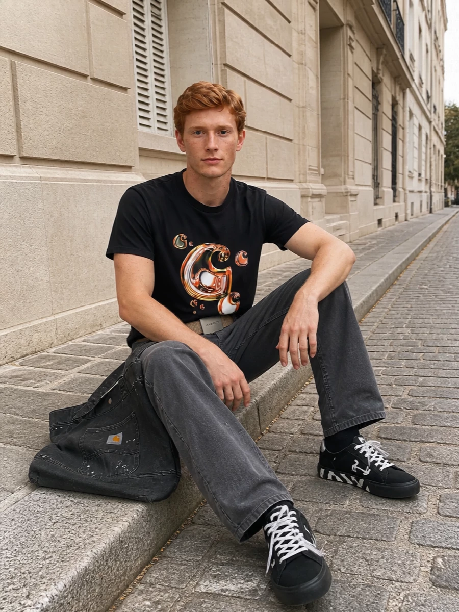 A graphic-heavy Carhartt WIP tee sits on washed charcoal work pants for a low-key, skate-influenced streetwear uniform. Off-White sneakers double down on the monochrome graphics, while the paint-flecked tote and sand belt keep the workwear story practical and grounded.