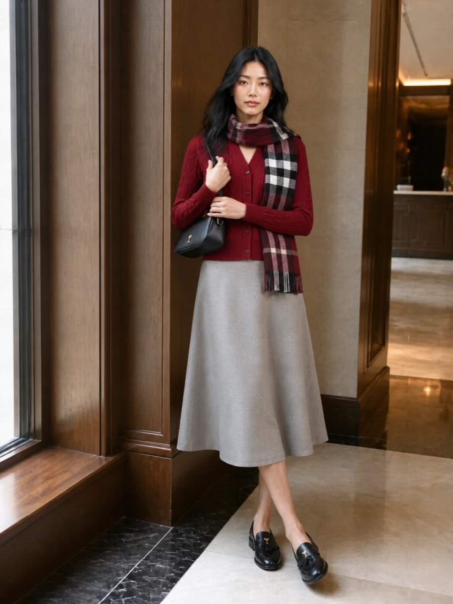 Ami paris red cardigan grey midi skirt loafers