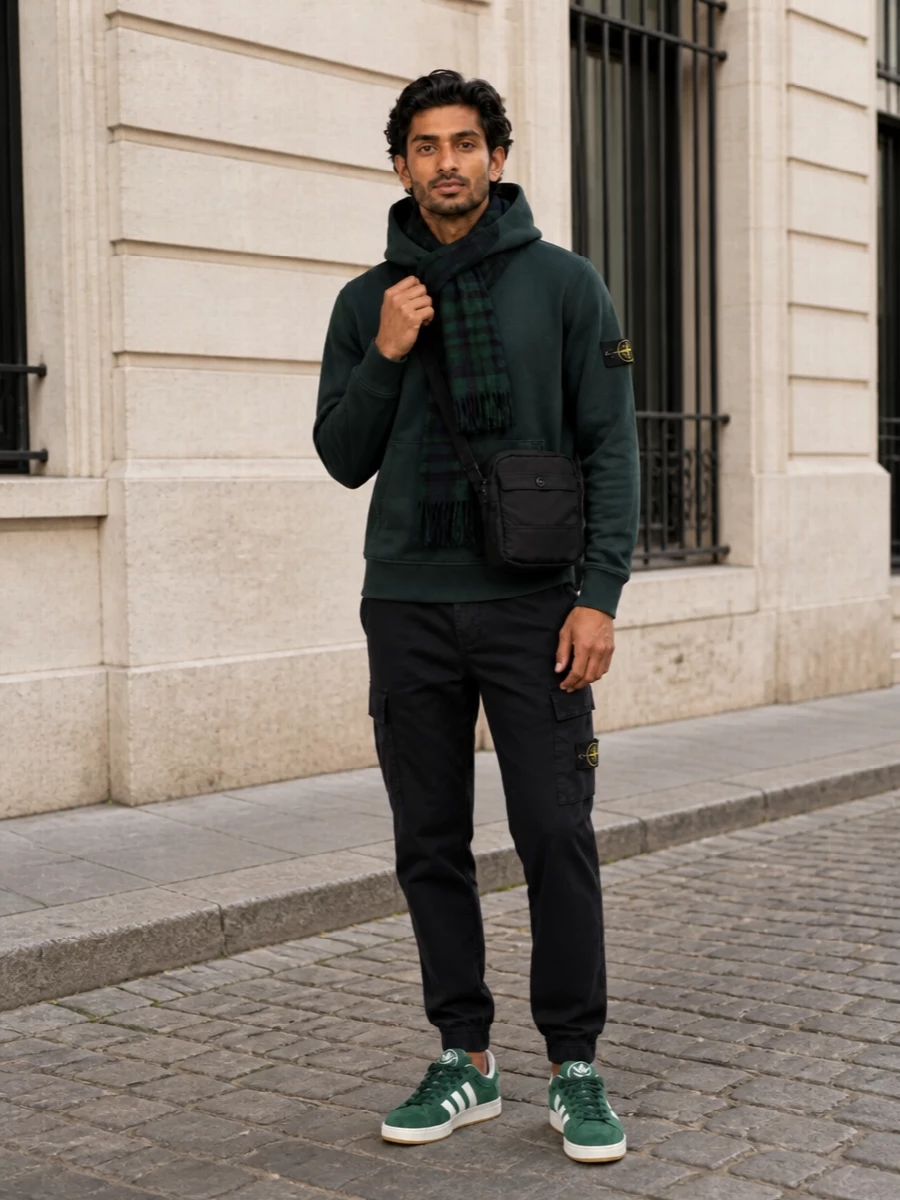 Stone island hoodie black cargos adidas sneakers