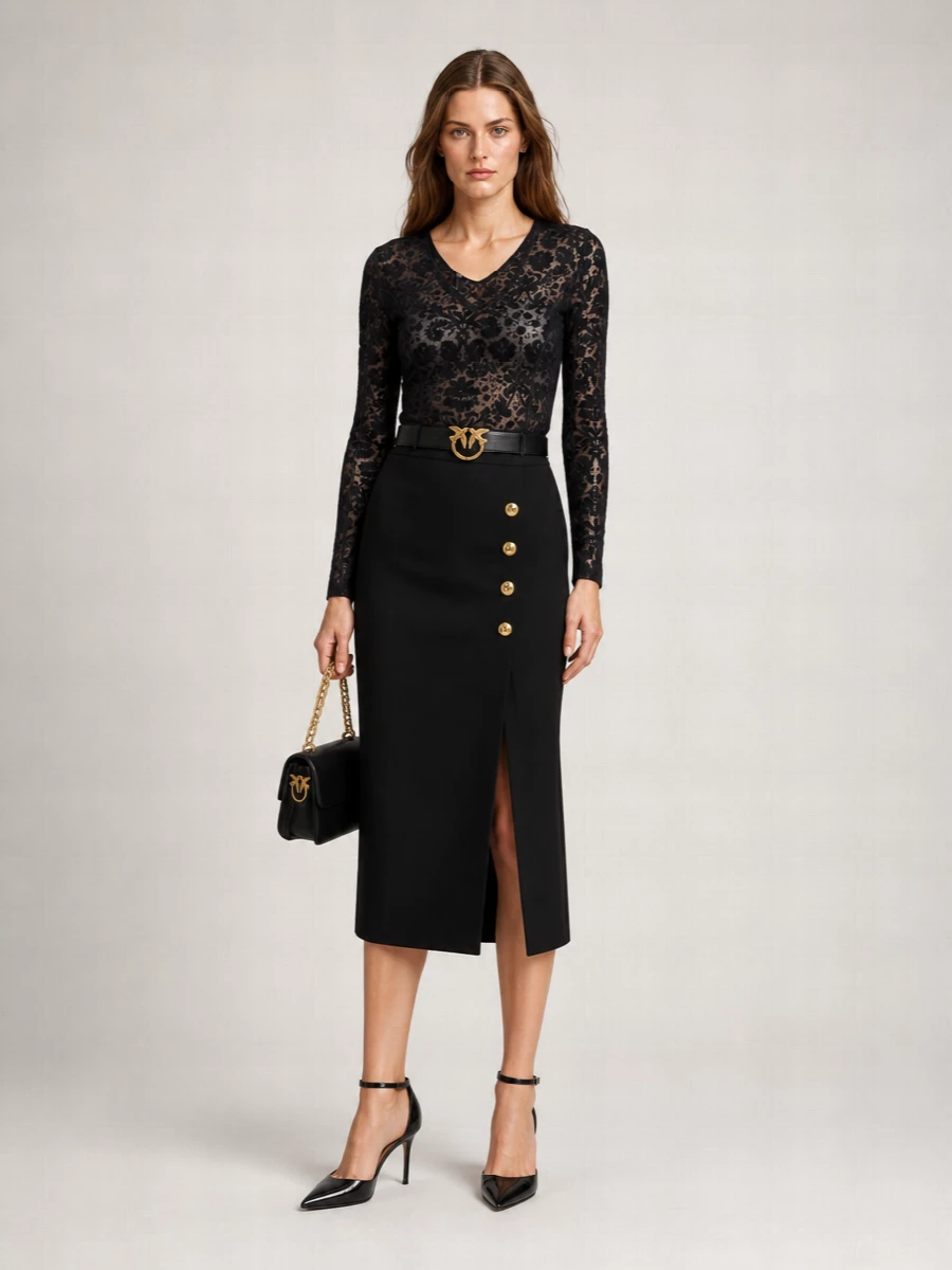 Pinko Wool Lace-Effect V-Neck Long-Sleeve Knitted Top