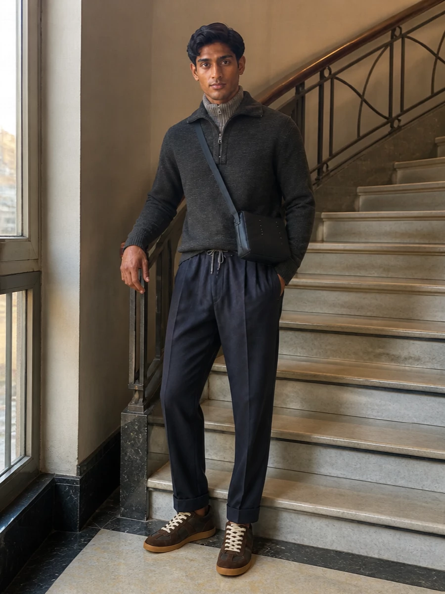 Maison margiela taupe knit charcoal trouser outfit