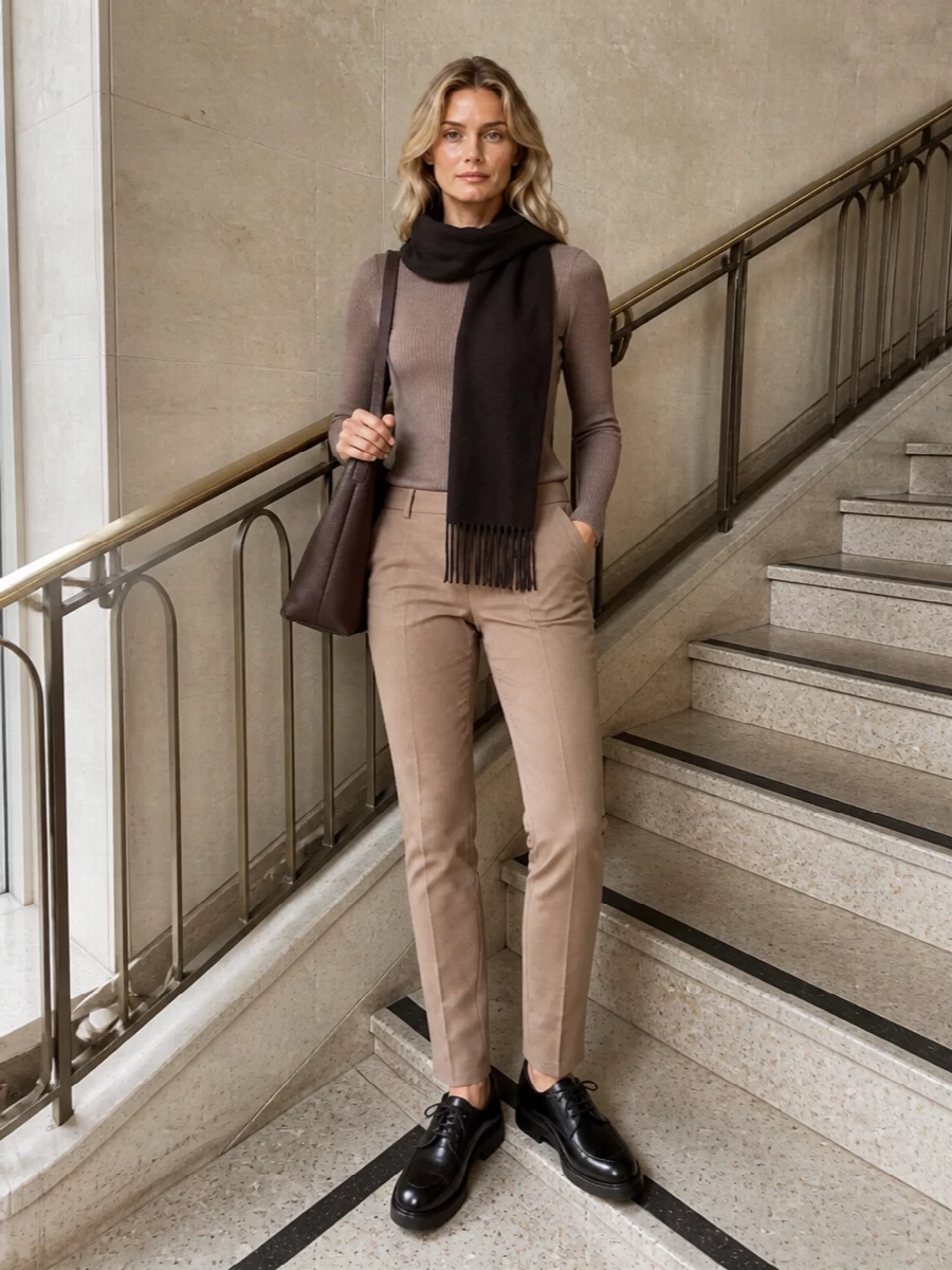 Taupe tailoring with a ribbed knit top reads calm and precise, then black leather accents quietly sharpen the palette. The straight-leg trouser and structured bag keep the line clean, while the dark derby and scarf give just enough weight for cooler days. It is an easy uniform for city days when you want to feel composed without looking over-styled.