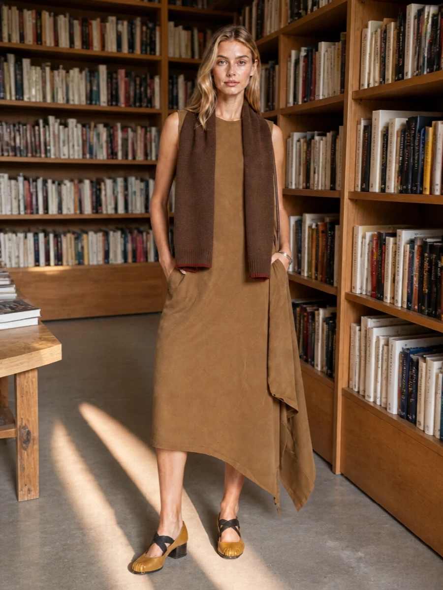Uma wang camel midi dress brown bucket bag