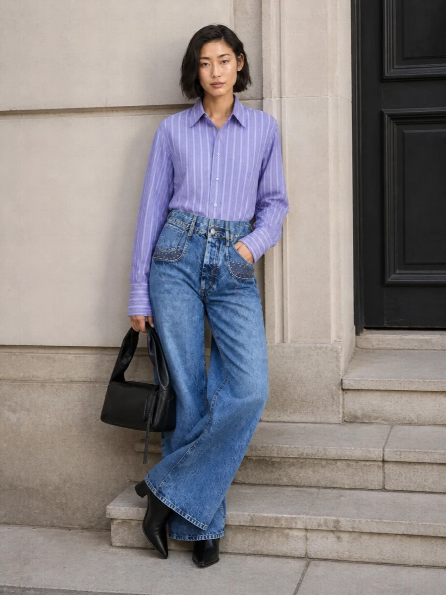 Maison margiela wide leg jeans striped shirt outfit