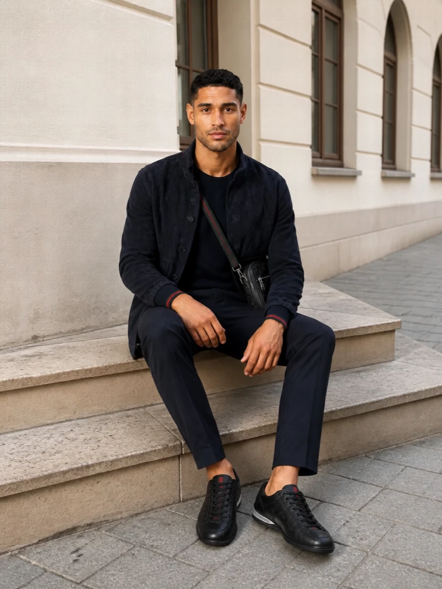 Gucci navy bomber tailored trousers outfit