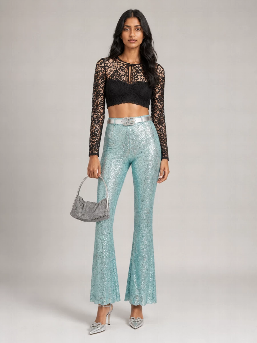 Self-Portrait Elastic Waistband Flared Trousers With Sequined Embellishments