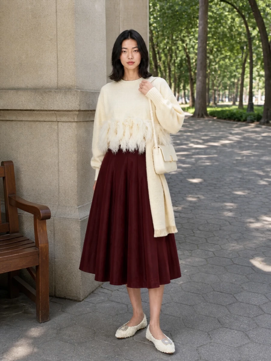 Alberta ferretti feather sweatshirt burgundy midi skirt