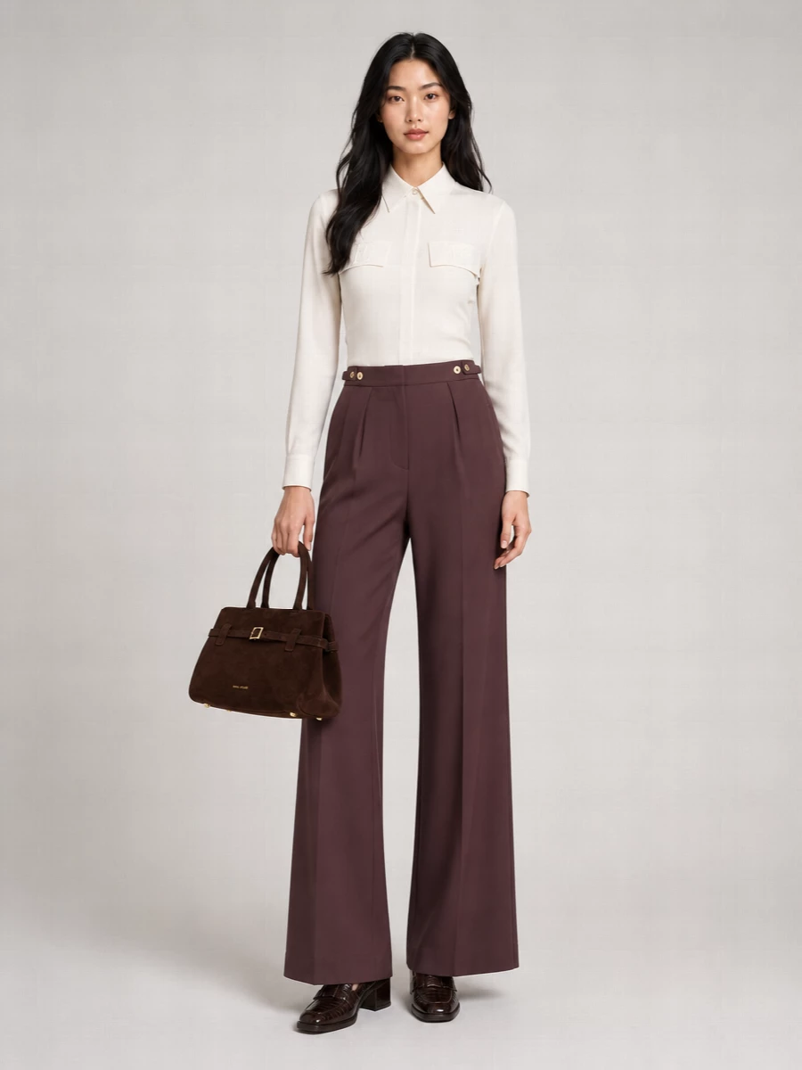 Tailored chocolate trousers and a crisp ivory shirt create a clean, column silhouette that feels composed from morning meetings to late dinners. Deep brown, croc-textured loafers ground the wide leg neatly, while a dark suede top-handle and a slim gold-buckled belt keep the palette warm, tonal and quietly polished. The result is sharp Italian tailoring with just enough contrast to stay modern and flattering.