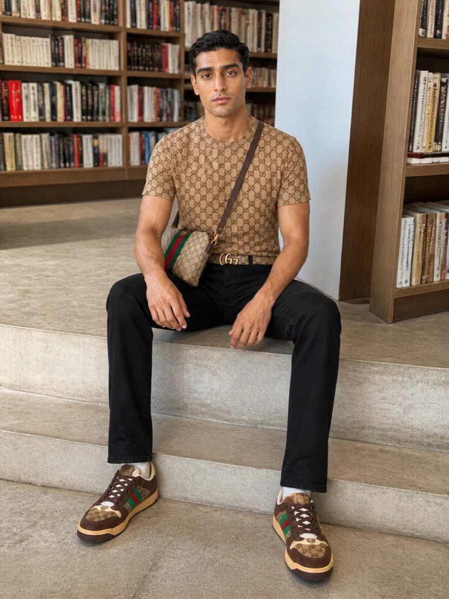 Gucci camel tee black jeans outfit