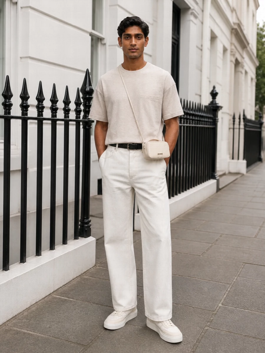 Jacquemus beige tshirt off white jeans outfit