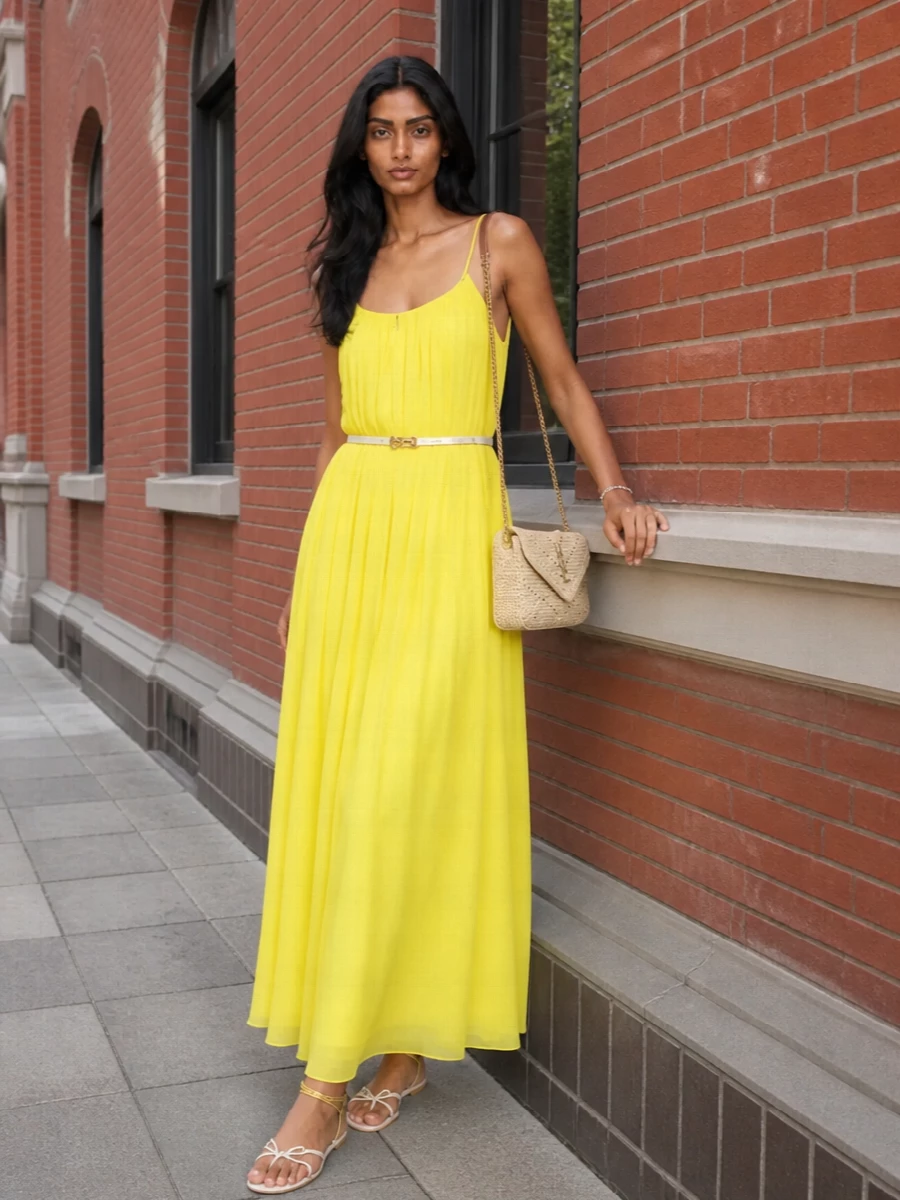 Staud yellow maxi prada sandals ysl raffia bag