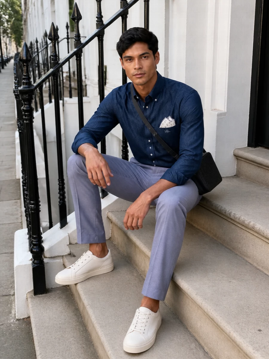 Etro navy shirt light blue trousers outfit