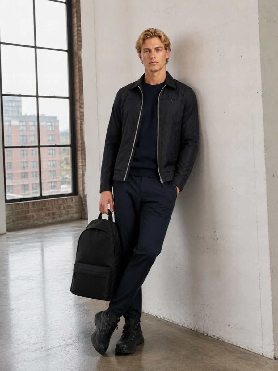Moncler grenoble black jacket navy knit outfit