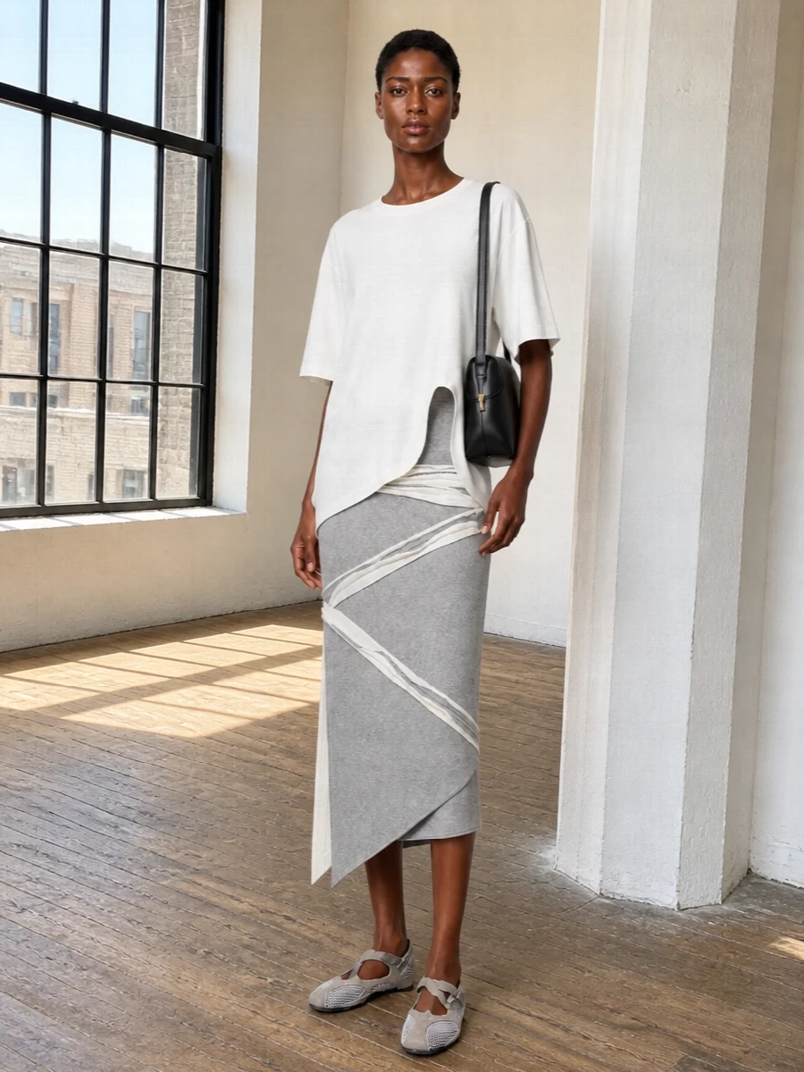 The attico asymmetric tee toteme skirt outfit