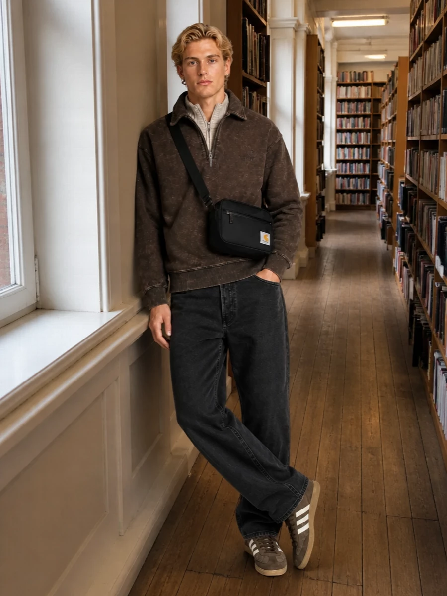 Carhartt brown half zip washed black jeans outfit