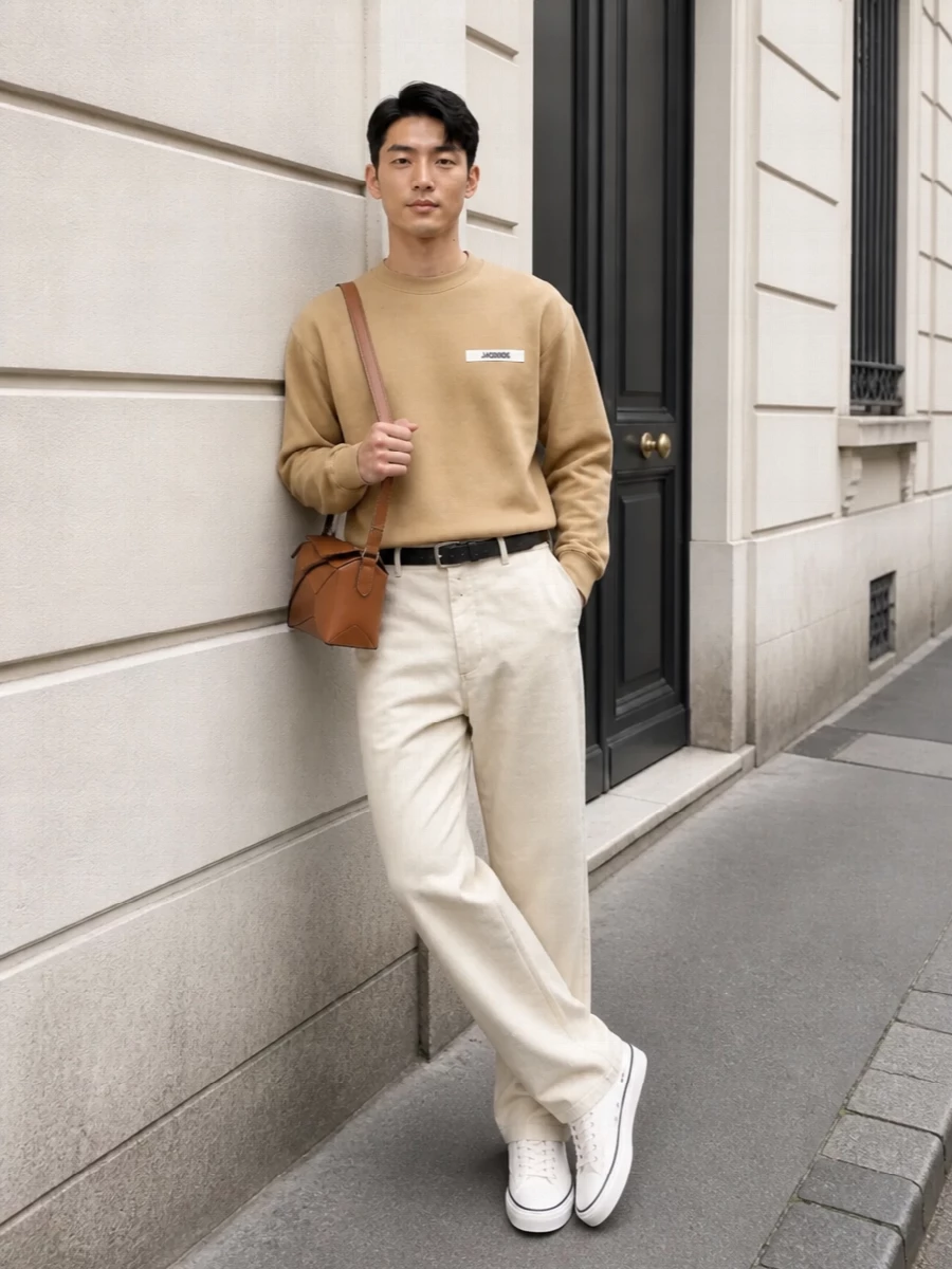 Jacquemus sweatshirt beige trousers outfit