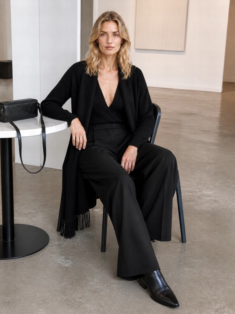 A deep V-neck knit meets high-waisted fluid tailoring, creating a long black column that feels soft yet deliberately composed. The sculptural ankle boots and structured shoulder bag keep everything pared back and confident, ideal for at-home evenings that slip out to late dinners. Quiet texture shifts do the work so the silhouette can stay calm and considered.