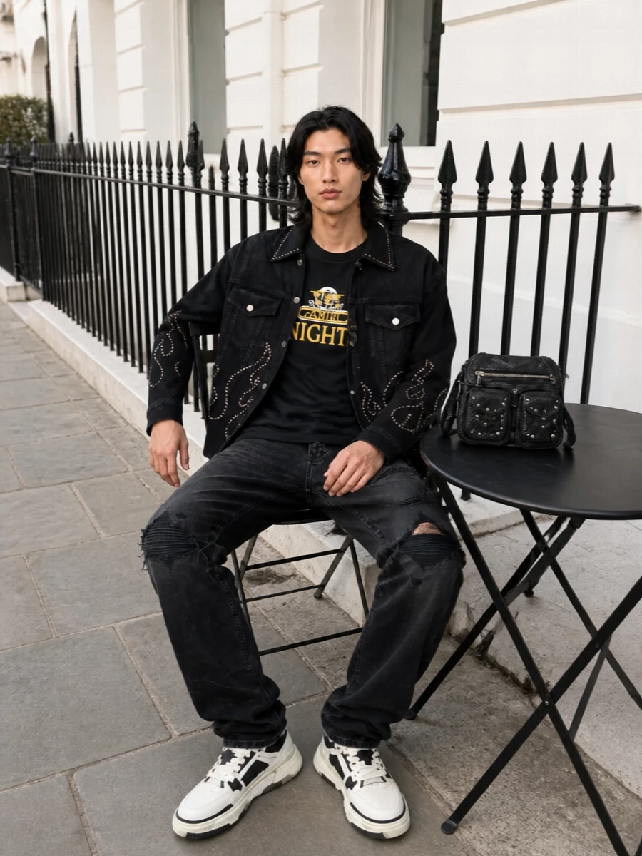 Amiri studded denim jacket black jeans outfit