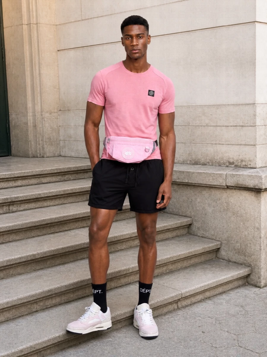 Stone island pink t shirt black shorts outfit