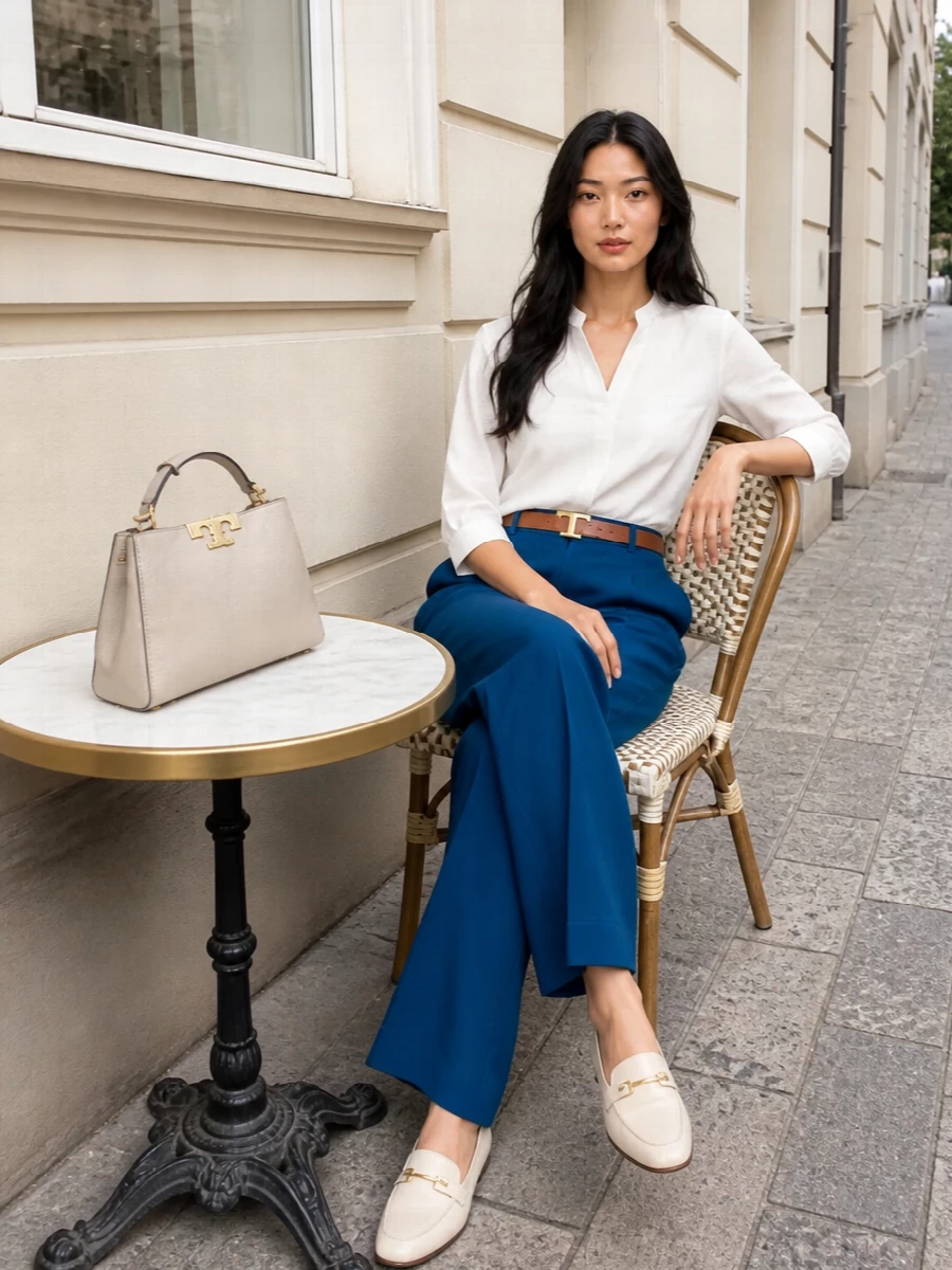 Tory burch teal trousers white blouse loafers