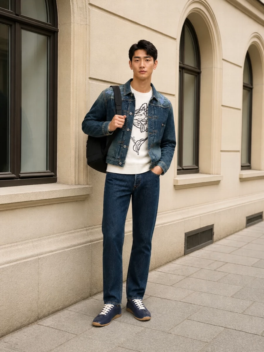 Kenzo denim trucker floral knit sneaker outfit