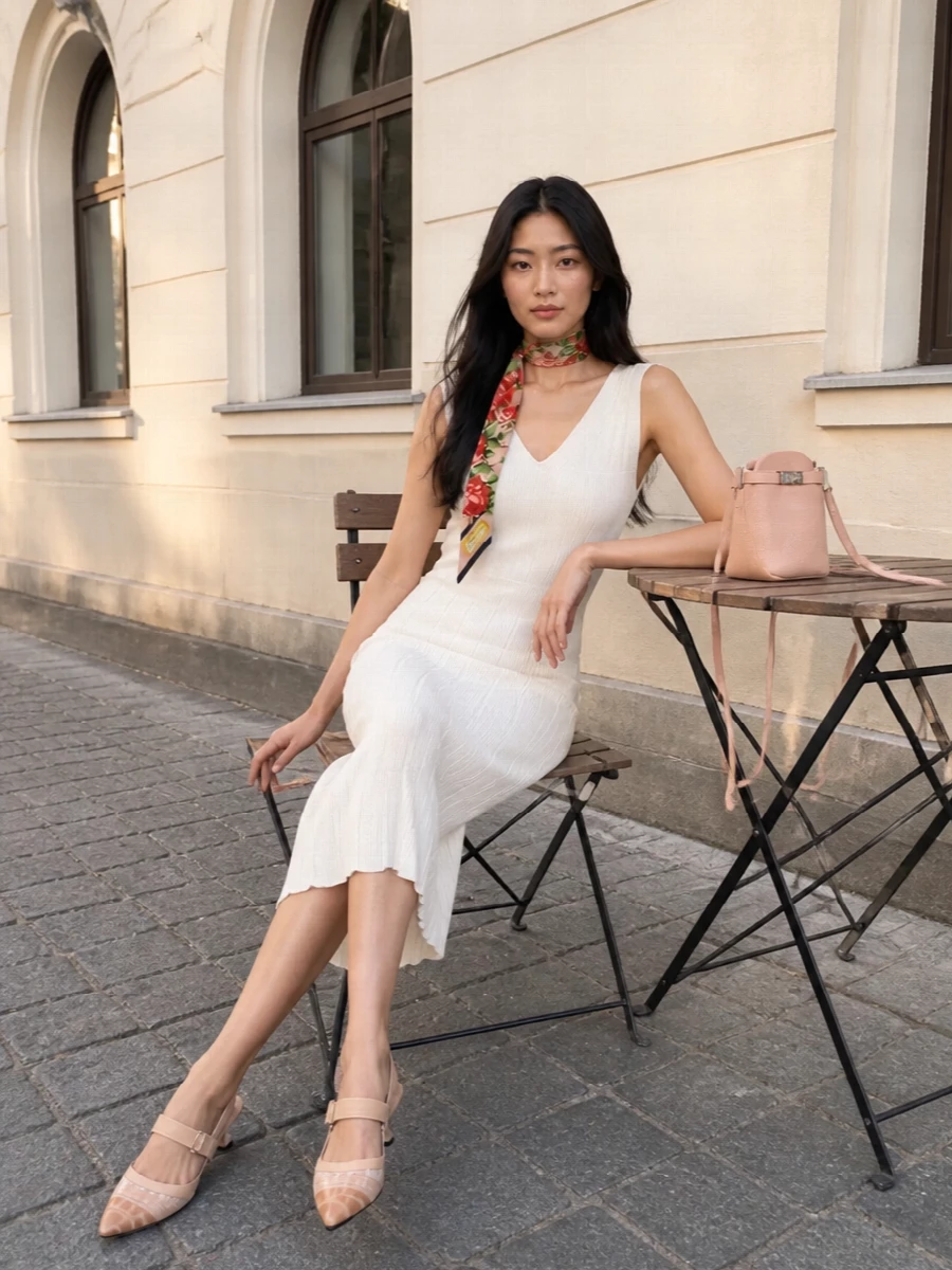 I chose the dress route to let the twilly be the focal accent, using it as a neck or handle tie against a clean, uninterrupted knit column rather than clashing with tailored separates. The Elisabetta Franchi ribbed midi, Fendi kitten slingbacks and Ferragamo blush bag create a soft ivory and rose story that feels romantic, polished and thoroughly modern Italian. The result is a quiet, date‑night‑ready ensemble where texture and tone carry the interest instead of loud branding or print overload.