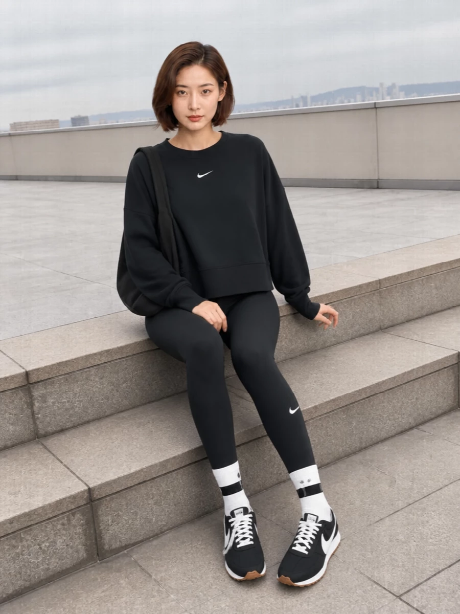 An all-black Nike base keeps everything clean and graphic, with the relaxed crew and high-rise leggings creating an easy, sport-driven silhouette. Retro runners and off-white logo socks sharpen the ankle, while the Alexander Wang shoulder bag gives the set a city edge that still feels low-key and functional for all-day wear.