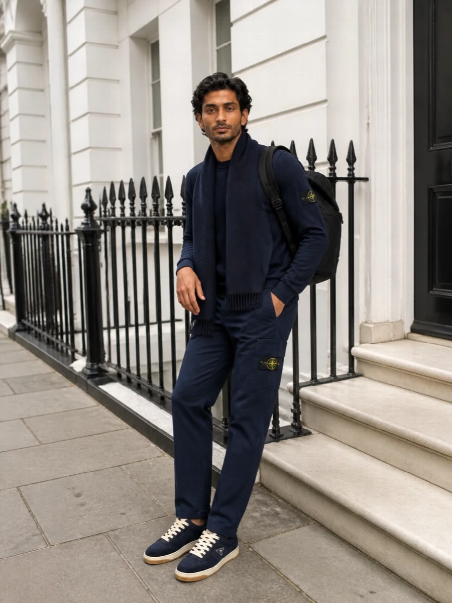 Stone island navy cargos prada sneakers outfit