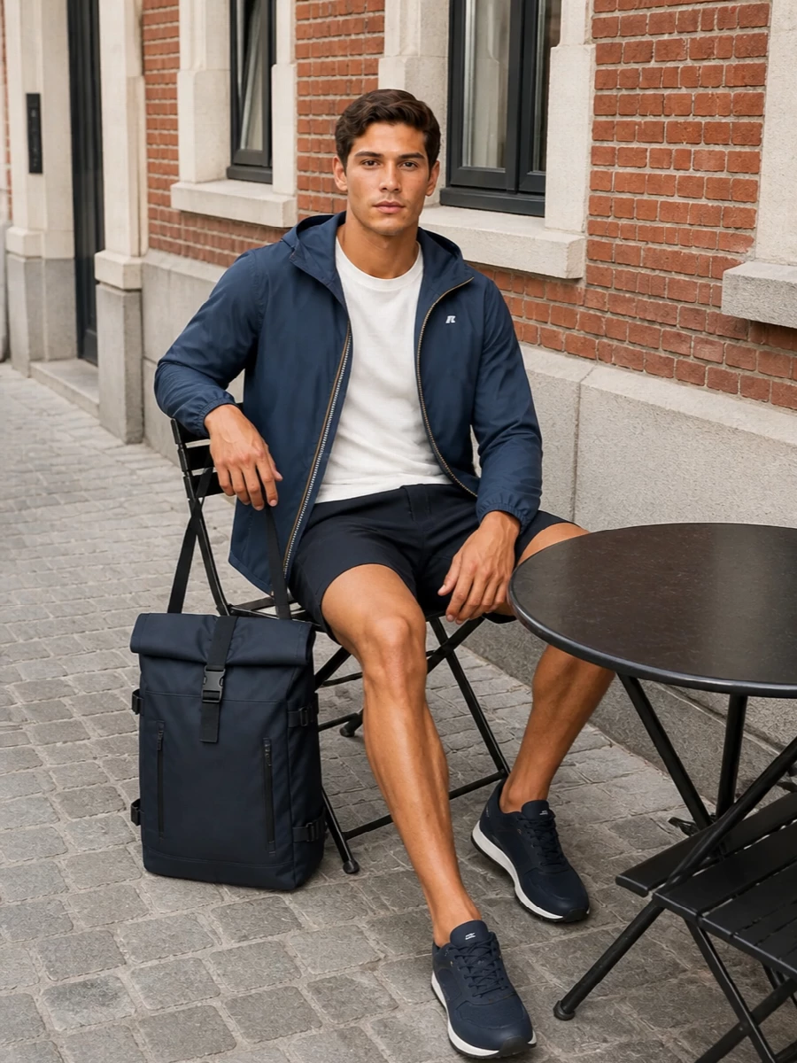 K way navy rain jacket outfit shorts sneakers