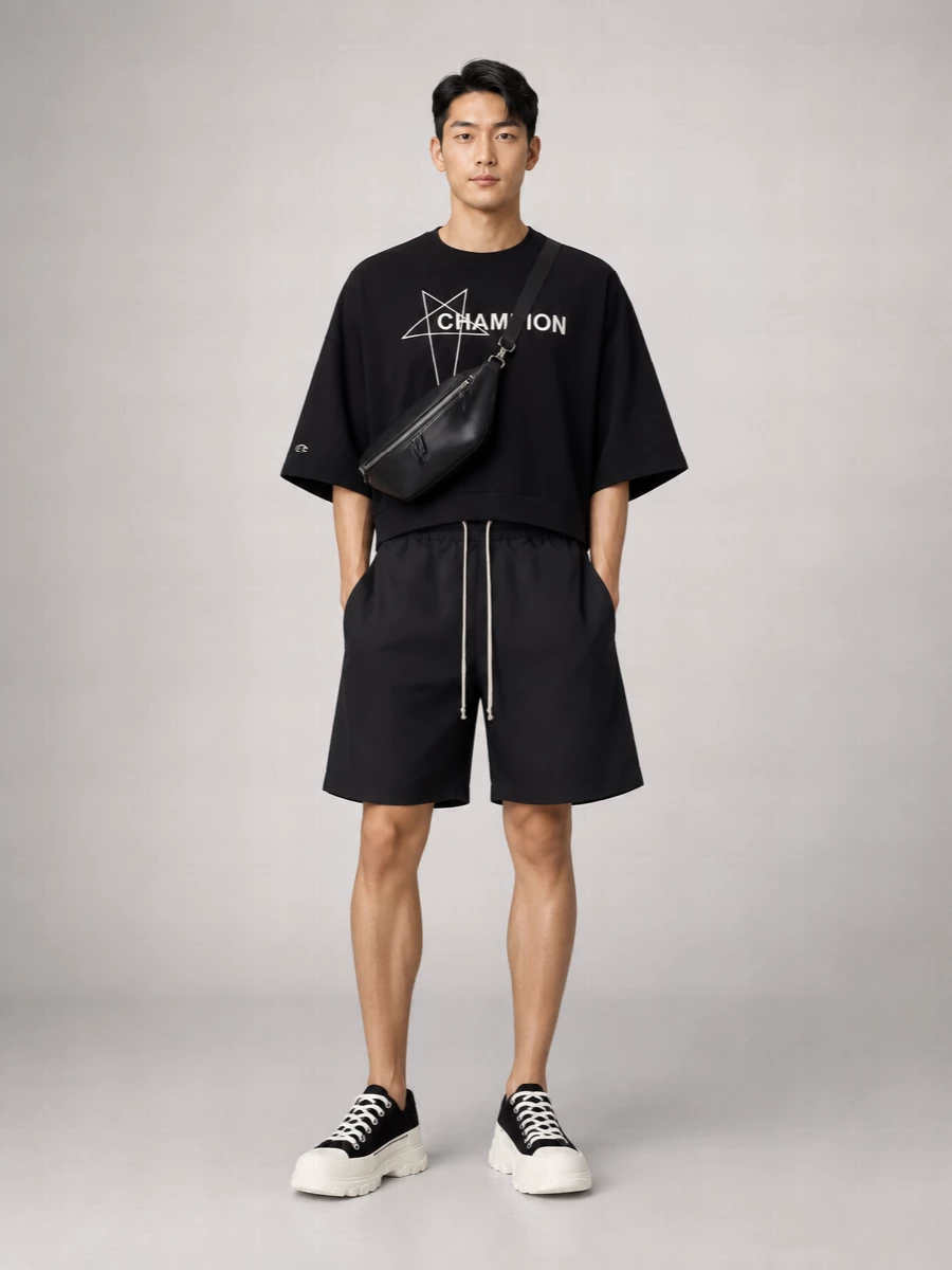 A cropped, boxy graphic tee sits over relaxed black deck shorts for a sharp, sport-leaning street uniform in pure monochrome. Chunky black-and-ivory sneakers echo the tee’s contrast, while a sculptural belt bag keeps everything tight to the body and quietly technical. The result is directional but easy, made for city movement and monochrome layering.