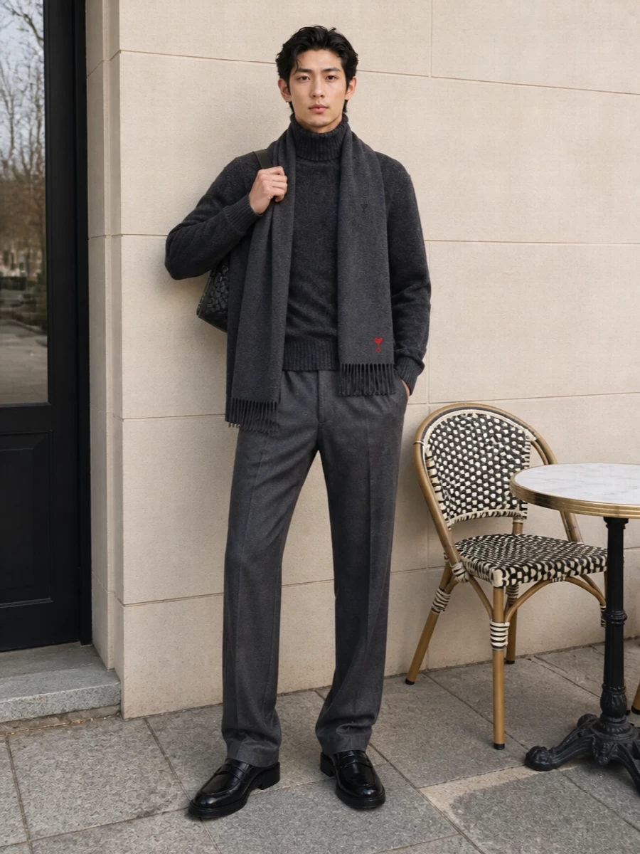 Charcoal tailoring on charcoal knit keeps the line clean and elongated, letting texture and proportion do the work rather than colour. Black leather loafers and a woven portfolio sharpen the mood, so the ensemble reads considered enough for the office but still relaxed for late meetings or drinks. The scarf simply softens the edges and introduces a subtle accent without disturbing the calm palette.