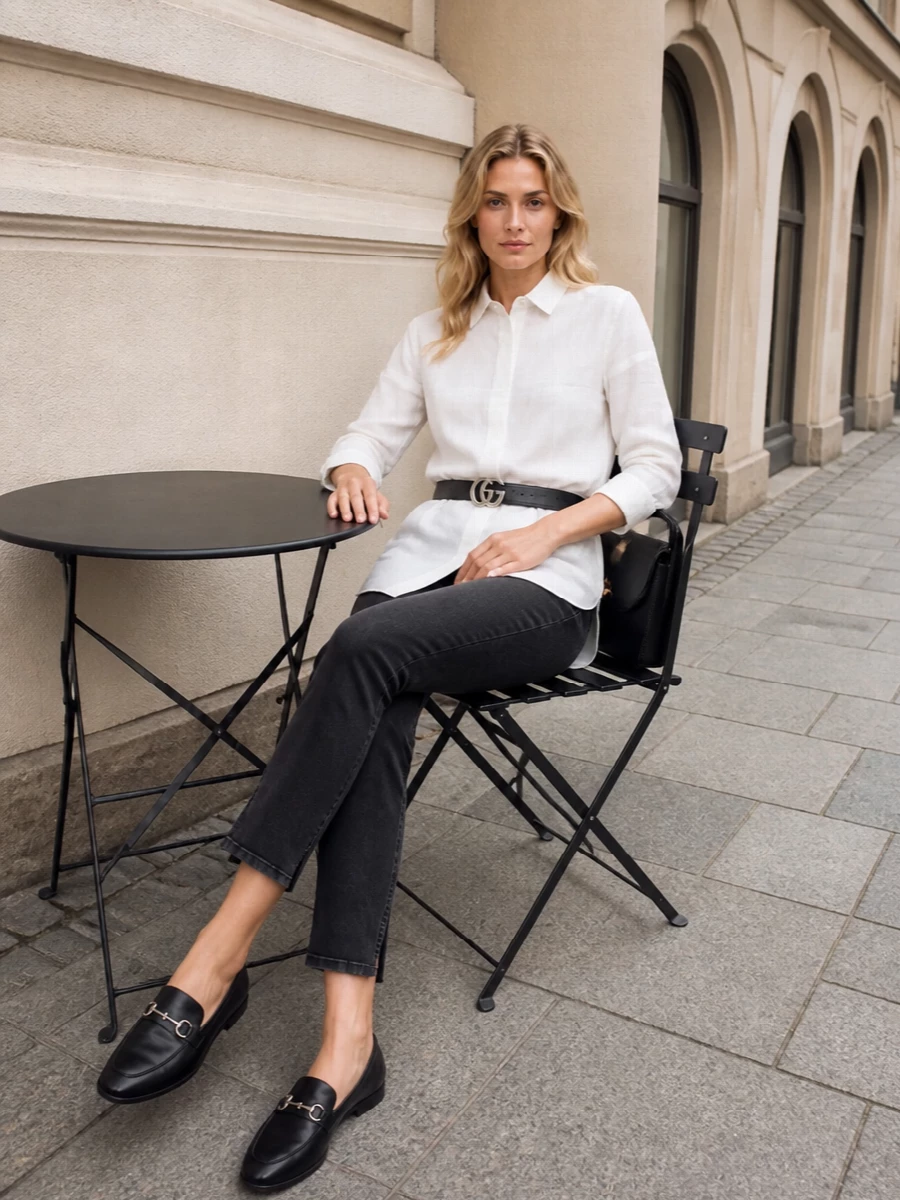 Gucci ivory shirt black skinny jeans outfit