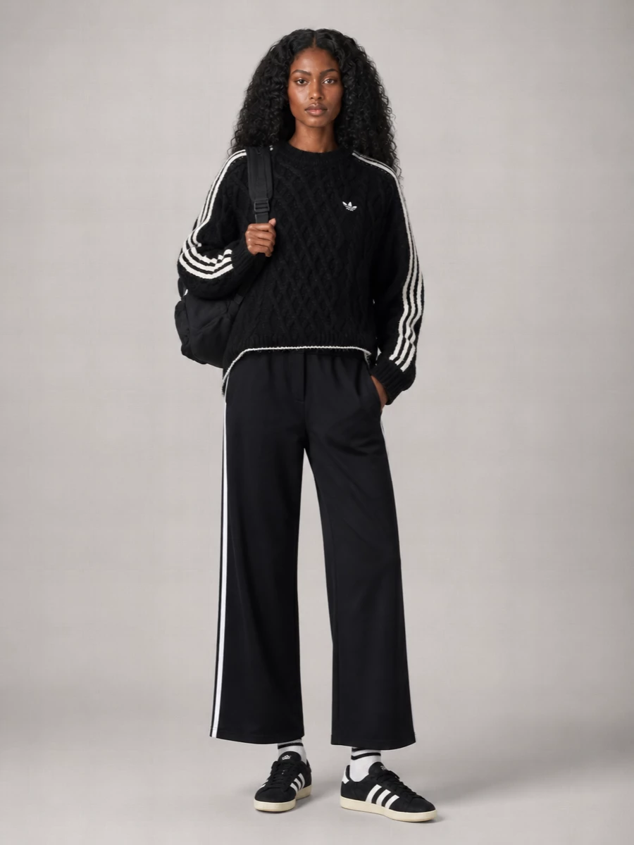 Head-to-toe black and white keeps this Adidas knit pairing sharp, with the oversized cable crew and relaxed wide-leg track pant reading like a modern tracksuit. Low-profile black sneakers and a sleek Y-3 backpack continue the monochrome line, while crisp striped socks add a small but intentional graphic note. The result is cozy, sport-driven and city-ready without losing its minimalist edge.